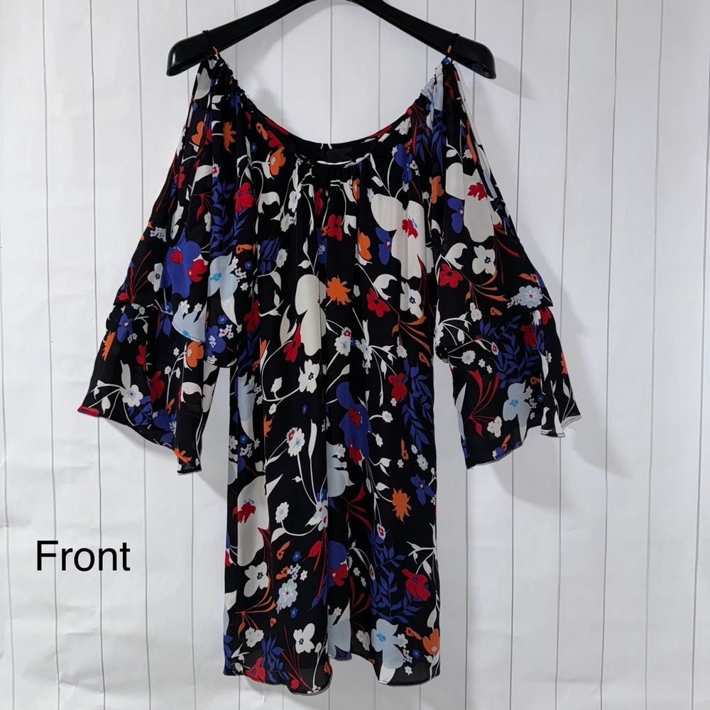 Parker Silk Cold Shoulder Dress black with Floral print Tiered Sleeve Women’s Sm